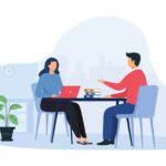 Cartoon of a woman and a man conversing.