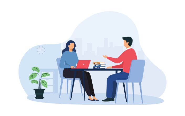 Interview with Laingholm Cartoon of a woman and a man conversing.