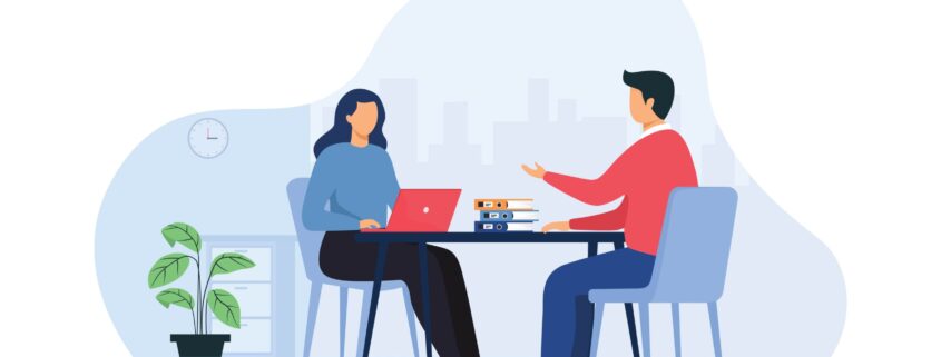 Cartoon of a woman and a man conversing.